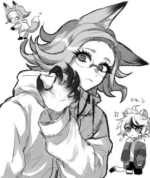 Rule 34 | 2boys, 2ybnb9agfd2867, ^ ^, absurdres, ahoge, animal ears, aotsuki eito, cat boy, cat ears, cat tail, claws, closed eyes, commentary, eyelashes, fox boy, fox ears, fox tail, glasses, gloves, greyscale, hand up, highres, hood, hoodie, jacket, jacket over hoodie, kemonomimi mode, light blush, looking at viewer, male focus, monochrome, multicolored hair, multiple boys, open clothes, open jacket, pants, short hair, sketch, sparkle, streaked hair, sumino takumi, symbol-only commentary, tail, the hundred line -last defense academy-