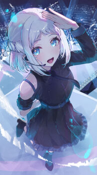 1girl absurdres arm_behind_back arm_up asymmetrical_sleeves belt black_dress black_shoes blue_eyes blush clothing_cutout commentary_request dress gakuen_idolmaster grey_hair highres idolmaster katsuragi_lilja looking_at_viewer portrait salute sanshoku_dango_(shukosuko) shoes short_hair shoulder_cutout single_bare_shoulder smile solo stage