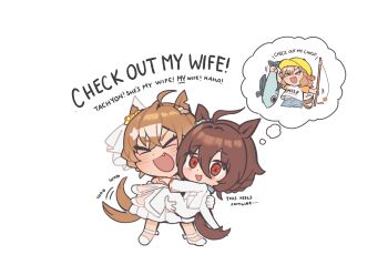 &gt;_&lt; 2girls agnes_tachyon_(umamusume) ahoge animal_ears blue_shirt blush bouquet breasts bride brown_hair carrying closed_eyes collared_shirt dress english_text fang female_focus fish fishing_rod flower gloves groom hair_between_eyes hat high_heels highres holding holding_bouquet holding_fishing_rod horse_ears horse_girl jacket jungle_pocket_(umamusume) long_sleeves medium_hair multiple_girls murabt075 necktie notched_ear open_clothes open_jacket pants princess_carry red_eyes shirt short_sleeves smile speech_bubble teeth thought_bubble tuxedo umamusume upper_teeth_only wedding_dress white_dress white_gloves white_jacket white_pants white_shirt wife_and_wife yellow_hat yellow_necktie yuri