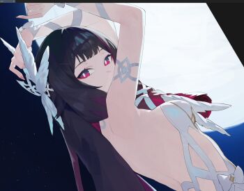 Rule 34 | 1girl, arm strap, armpits, arms up, black hair, bow, columbina (genshin impact), genshin impact, hair ribbon, highres, kuuro (kuuroart), looking at viewer, moon, purple hair, red eyes, ribbon, star (sky), starry sky background, upper body