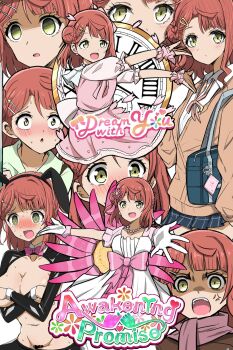 1girl angry animal_ears awakening_promise_(love_live!) bag birthday black_hiphighs blush cardigan commentary covering_breasts covering_privates dream_with_you_(love_live!) embarrassed english_text engrish_text flower gariabusu hair_bun hair_flower hair_ornament highres hiphighs jewelry love_live! love_live!_nijigasaki_high_school_idol_club multiple_views necklace nijigasaki_school_uniform orange_hair rabbit_ears ranguage reverse_bunnysuit reverse_outfit scarf school_uniform shoulder_bag single_hair_bun single_sidelock song_name uehara_ayumu upper_body yellow_eyes