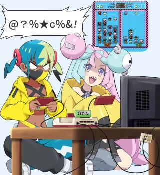 2girls animated aqua_hair black_mask blonde_hair blue_hair bow-shaped_hair breasts canari_(pokemon) character_hair_ornament controller dark-skinned_female dark_skin famicom famicom_gamepad game_console game_controller hair_ornament highres holding holding_controller holding_game_controller indoors iono_(pokemon) jacket long_hair long_sleeves mask mouth_mask multicolored_hair multiple_girls navel nintendo open_mouth pants pantyhose pink_hair playing_games pokemoa pokemon pokemon_legends:_z-a pokemon_sv sharp_teeth shirt short_twintails single_leg_pantyhose sleeves_past_fingers sleeves_past_wrists smile split-color_hair tagme teeth television twintails two-tone_hair two-tone_mask video video_game yellow_jacket yellow_mask