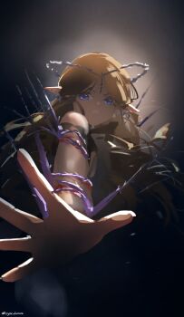 1girl absurdres barbed_wire blonde_hair blood blue_eyes cartethyia_(wuthering_waves) clenched_teeth commentary crown_of_thorns cryne earrings english_commentary highres jewelry long_hair pointy_ears reaching reaching_towards_viewer scene_reference solo tacet_mark_(wuthering_waves) teeth twitter_username very_long_hair wuthering_waves
