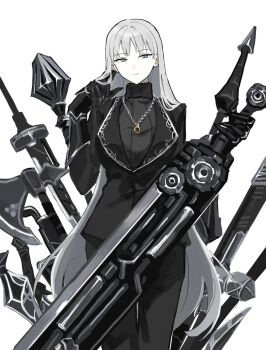 1girl angelica_(project_moon) axe black_jacket black_pants black_sweater blue_eyes chain chain_necklace closed_mouth cowboy_shot gauntlets greatsword highres holding holding_weapon jacket jewelry lance library_of_ruina long_hair long_sleeves looking_at_viewer mace necklace pants polearm project_moon rai_(r2718281) ribbed_sweater ring ring_necklace simple_background solo sweater sword turtleneck turtleneck_sweater very_long_hair weapon white_background white_hair