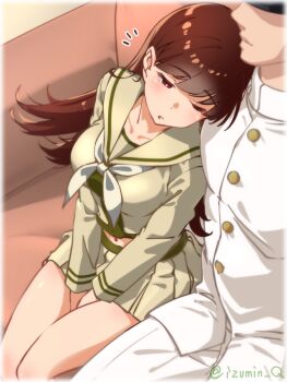 Rule 34 | 1boy, 1girl, admiral (kancolle), between legs, blush, breasts, brown eyes, brown hair, buttons, collarbone, commentary request, couch, hand between own legs, highres, izumi kuma, kantai collection, leaning on person, legs together, long hair, medium breasts, midriff, military uniform, miniskirt, navel, neckerchief, on couch, one eye closed, ooi (kancolle), pants, parted lips, pleated skirt, red eyes, sailor collar, school uniform, shirt, sitting, skirt, solo focus, straight hair, twitter username, waking up, white pants, white shirt, yellow neckerchief, yellow sailor collar, yellow shirt