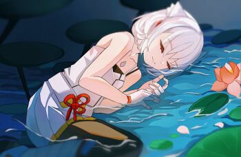 1girl black_pantyhose blurry blurry_background closed_eyes closed_mouth collarbone commentary eyelashes flower happy highres lily_pad lotus lying mh7471778854146 mio_(xenoblade) on_side pantyhose partially_submerged pleated_skirt short_hair skirt smile solo water white_hair white_skirt xenoblade_chronicles_(series) xenoblade_chronicles_3