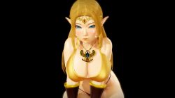 1girl 20s 3d animated arms_up black_background blonde_hair blue_eyes blush bouncing_breasts breasts cleavage close-up crop_top curvy dancing derivative_work female_focus gold_crop_top headpiece high_heels highres honey_select illusion_soft jewelry large_breasts long_hair long_legs looking_at_viewer looping_animation me!me!me! midriff navel necklace nintendo pendant platform pointy_ears prevence princess princess_zelda purple_panties simple_background smile solo swaying the_legend_of_zelda the_legend_of_zelda:_a_link_between_worlds thick_thighs thighs thong underwear video wide_hips wristband
