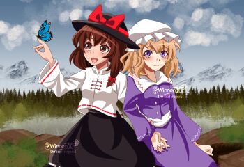 2girls :d absurdres artist_name asymmetrical_hair black_hat black_skirt blonde_hair blue_butterfly blush bow brown_eyes brown_hair bug butterfly butterfly_on_hand buttons chinese_clothes closed_mouth cloud collared_dress collared_shirt commentary contrast_collar dress forest hat hat_bow highres holding_hands insect kiss_meter_(meme) long_sleeves looking_at_animal looking_at_another maribel_hearn meme mob_cap mountain multiple_girls nature official_alternate_costume on_rock open_mouth purple_eyes red_bow retrospective_53_minutes ribbon-trimmed_shirt ribbon-trimmed_skirt ribbon_trim sash shirt short_hair sitting skirt smile textless_version touhou tree usami_renko white_hat white_sash white_shirt winner7xp yuri