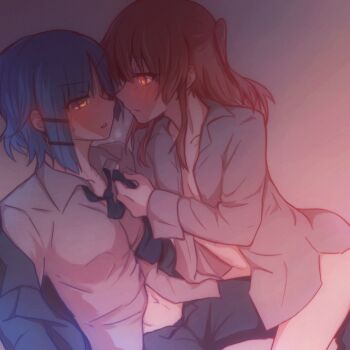 2girls black_necktie blue_hair blush bocchi_the_rock! breasts cleavage clothes_grab collared_shirt couple ear_blush glowing glowing_eyes hair_ornament highres holding_necktie jacket kita_ikuyo leaning_forward long_sleeves looking_at_another medium_breasts medium_hair multiple_girls navel necktie necktie_grab neckwear_grab no_pants no_undershirt open_clothes open_mouth orange_eyes panties pushing_down red_hair shirt short_hair standing staring sweat sweatdrop unbuttoned unbuttoned_shirt underwear undone_necktie white_shirt yakaze_(yakaze1604) yamada_ryo yuri