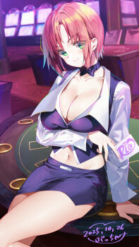1girl arm_support arm_under_breasts artist_name blush breasts card casino cleavage dated formal_clothes green_eyes highres large_breasts legs looking_at_viewer midriff navel office_lady pink_hair rio_rollins seductive_gaze short_hair skirt super_blackjack thick_thighs thighs