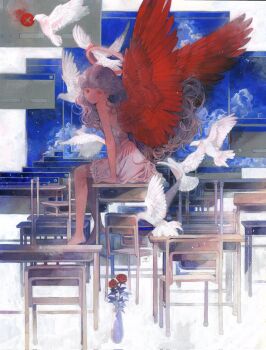 1girl angel backless_dress backless_outfit bare_shoulders barefoot bird blue_sky breasts chair closed_mouth commentary_request curly_hair desk dove dress feathered_wings flower frilled_dress frills from_side full_body halo hand_on_table highres komako_(km7ko) long_hair looking_at_viewer on_desk original red_eyes red_flower red_rose red_wings rose school_desk signature sitting sky solo surreal too_many traditional_halo vase white_bird white_dress white_hair window_(computing) wings x_(symbol)