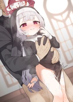 1boy 1girl absurdres blue_archive blush commentary cum freehoney grey_hair halo hetero highres loli long_hair long_sleeves nun paid_reward_available red_eyes red_halo sensei_(blue_archive) shuro_(blue_archive) smile thigh_sex