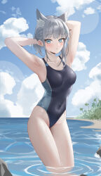 Rule 34 | 1girl, absurdres, animal ear fluff, animal ears, arms behind head, beach, black one-piece swimsuit, blue archive, blue eyes, blue sky, breasts, cloud, competition swimsuit, covered navel, cross hair ornament, day, extra ears, feet out of frame, grey hair, hair ornament, halo, highres, horizon, jinmuxi (user pvha4443), low ponytail, medium breasts, medium hair, mismatched pupils, multicolored clothes, multicolored swimsuit, ocean, official alternate costume, one-piece swimsuit, outdoors, shiroko (blue archive), shiroko (swimsuit) (blue archive), sky, solo, standing, swimsuit, wading, wolf ears