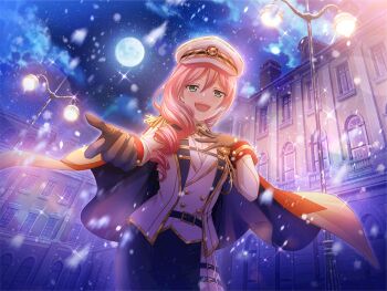1girl aqua_eyes belt black_belt black_skirt building cape drill_hair from_below full_moon game_cg gloves grey_gloves hair_over_shoulder hand_on_own_chest hat jacket lamppost long_sleeves looking_at_viewer moon night official_art peaked_cap pink_hair reaching reaching_towards_viewer red_cape shoujo_kageki_revue_starlight shoujo_kageki_revue_starlight_-re_live- skirt snowing solo standing tsuruhime_yachiyo upper_body white_hat white_jacket