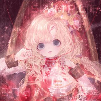 1girl animated animated_gif ascot black_background black_bow black_vest blonde_hair blue_bow blue_eyes bow breasts brooch carnation chinese_commentary commentary_request commission crown dot_nose empty_eyes eyelashes flower hair_bow hair_flower hair_half_over_shoulder hair_ornament jewelry large_breasts light_blush light_particles lips long_hair long_sleeves low_twintails making-of multiple_hair_bows nail_polish original parted_bangs parted_lips pink_flower pink_lips red_crown red_nails sample_watermark shaomai_jiacu shirt solo stitched_face stitches string string_around_neck string_of_fate throne twintails upper_body vest watermark watermark_grid weibo_watermark white_ascot white_shirt