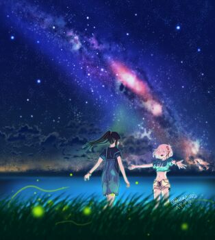 2girls absurdres alaska0812 artist_name black_hair blonde_hair blue_shirt bracelet closed_eyes cloud commentary_request crop_top fireflies grass hair_ribbon highres inoue_takina jewelry long_hair lycoris_recoil midriff milky_way multiple_girls navel nebula night nishikigi_chisato open_mouth outdoors outstretched_arms overalls ponytail red_ribbon ribbon scenery shirt short_hair short_sleeves shorts signature sky smile star_(sky) starry_sky twitter_username water