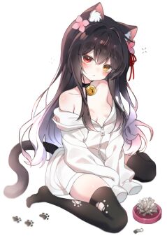 Rule 34 | 1girl, animal ears, artist request, bare shoulders, black hair, black thighhighs, breasts, cat ears, cat girl, cat tail, cigarette butt, cigarette holder, commission, expressionless, full body, gradient hair, heterochromia, highres, hood, hood down, hoodie, long hair, long sleeves, looking at viewer, multicolored hair, naked hoodie, no pants, off shoulder, original, oversized clothes, red eyes, simple background, sitting, sleepy, sleeves past fingers, sleeves past wrists, small breasts, tail, thighhighs, torn clothes, torn thighhighs, wariza, white background, white hair, white hoodie, yellow eyes