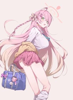 1girl :d ahoge alternate_costume aqua_necktie arms_behind_back ass bag blue_archive blush bow braid breasts cardigan cardigan_partially_removed chinese_commentary collared_shirt commentary_request earrings feet_out_of_frame from_side green_eyes gyaru hair_bow hair_ornament hairclip halo hanako_(blue_archive) highres holding holding_bag jewelry kneehighs large_breasts long_hair loose_socks necktie open_mouth pink_hair pink_halo pink_skirt pleated_skirt school_bag school_uniform shirt simple_background skirt smile socks solo star_(symbol) star_earrings underbutt white_shirt white_socks yellow_cardigan youguo_naberu