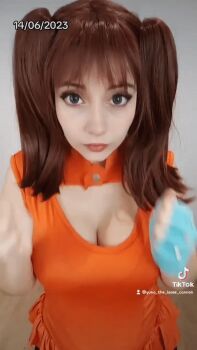 Rule 34 | 1girl, animated, animated gif, breasts, brown hair, cleavage, cosplay, diane (nanatsu no taizai), diane (nanatsu no taizai) (cosplay), fingerless gloves, gloves, large breasts, medium hair, nanatsu no taizai, photo (medium), real life, short sleeves, shorts, twintails, yuno the loose