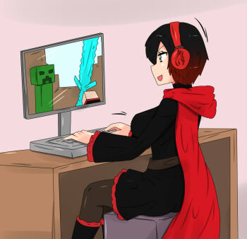 computer creeper game_console gameplay headset highres minecraft pc_engine ruby_rose rwby sword tikoriko weapon