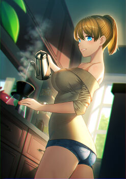 1girl abyssal_ship ass bare_shoulders blue_eyes blue_shorts blush breasts brown_hair coffee coffee_maker coffee_pot commentary_request day denim denim_shorts enemy_lifebuoy_(kancolle) female_focus from_side green_sweater indoors intrepid_(kancolle) kantai_collection kettle large_breasts lips looking_at_viewer off-shoulder_sweater off_shoulder parted_lips ponytail pouring short_hair short_shorts shorts smile solo standing sweater unowen