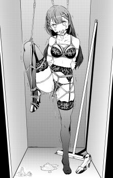 1girl absurdres angry arms_behind_back artist_name ball_gag bare_shoulders bdsm belly between_breasts between_legs between_thighs blunt_bangs blush bokutachi_wa_benkyou_ga_dekinai bondage bound bound_arms bound_breasts bound_legs bound_torso bra braid braided_bangs breast_bondage breasts broom cleavage closet collarbone commission dildo dildo_under_clothes dildo_under_panties drooling eudetenis female_focus full_body gag gagged garter_belt garter_straps glaring high_heels highres indoors kantai_collection kirisu_mafuyu lace lace-trimmed_bra lace-trimmed_legwear lace-trimmed_panties lace_trim leg_up legs legs_apart lingerie long_hair looking_ahead looking_at_viewer medium_breasts midriff monochrome motion_lines mutsu_(kancolle) mutsu_(kantai_collection) mutsu_(snail) object_insertion one_leg_raised one_shoe_removed panties pixiv_commission pussy_juice pussy_juice_puddle rope saliva saliva_trail sex_toy shibari shibari_over_clothes shoes sidelocks skin_tight skindentation solo stomach thigh_strap thighhighs thighs tiptoes trembling underwear unworn_shoes vaginal vaginal_object_insertion