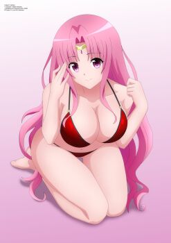 1girl absurdres alien barefoot bikini breasts cleavage collarbone highres jewelry kneeling large_breasts long_hair looking_at_viewer mature_female navel pink_background pink_eyes pink_hair queen red_bikini sephie_michaela_deviluke sitting smile solo swimsuit thighs tiara to_love-ru to_love-ru_darkness very_long_hair zel-sama