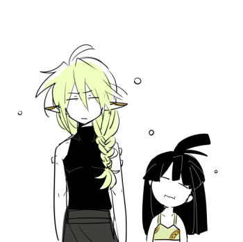 1boy 1girl ahoge black_shirt blonde_hair cestus_(sekaiju) cestus_2_(sekaiju) closed_eyes elf etrian_odyssey height_difference kokecoo long_hair pointy_ears sekaiju_no_meikyuu sekaiju_no_meikyuu_5 shirt sleepy sleeveless warlock_(sekaiju) warlock_3_(sekaiju)