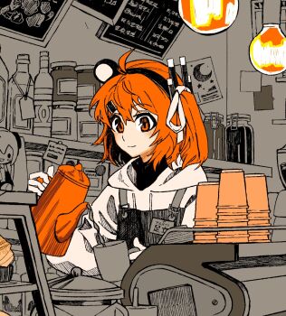 1girl a.i._voice adachi_rei ahoge alternate_costume apron bottle cafe character_doll closed_mouth coffee_pot commentary computer_chip cup disposable_cup doll drawstring english_commentary food hair_ribbon hairband hands_up hatching_(texture) hatsune_miku headlamp holding holding_coffee_pot holding_cup hood hood_down hoodie indoors jar light_bulb light_smile limited_palette long_sleeves medium_hair monochrome_background muffin mug name_tag natuso7 one_side_up orange_eyes orange_hair orange_theme part_time_job pouring radio_antenna ribbon solo turtleneck unfinished utau