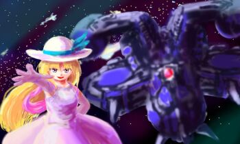 Rule 34 | 1girl, aircraft, blonde hair, commentary request, dress, gloves, kioh gyoku, long hair, looking at viewer, marie (seihou), seihou, shuusou gyoku, space, twitter, ufo no 11, white dress, white eyes, white gloves, white headwear