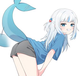 1girl adversarial_noise alternate_costume bent_over black_shorts blue_eyes blue_hair blue_shirt fins fish_tail from_side frown gawr_gura grey_hair grin hair_ornament hands_on_own_knees highres hololive hololive_english loli long_hair looking_at_viewer multicolored_hair shark_hair_ornament shark_tail sharp_teeth shirt shorts simple_background smile streaked_hair tail tail_wagging teeth ugaaaa1 virtual_youtuber white_background