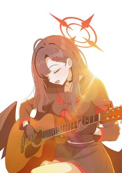 1girl absurdres ahoge armband black_choker black_gloves black_hair black_shirt black_skirt black_wings blue_archive choker closed_eyes commentary_request gloves guitar hair_ornament hairclip halo highres himmel_gewalt ichika_(blue_archive) instrument justice_task_force_member_(blue_archive) long_hair long_sleeves music neckerchief open_mouth playing_instrument red_armband red_neckerchief school_uniform shirt skirt solo wings