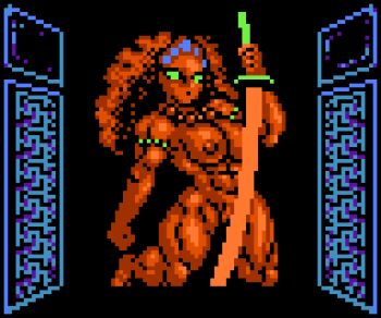 1girl abs armlet atlus barefoot black_background breasts brown_hair character_request curly_hair dark_skin glowing glowing_eyes good_meat_day green_eyes holding holding_sword holding_weapon jewelry katana kneeling large_breasts long_hair looking_at_viewer megami_tensei muscular navel necklace nipples nude pixel_art pussy saiwai_hiroshi sword weapon