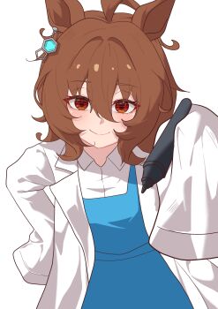 1girl absurdres agnes_tachyon_(umamusume) ahoge animal_ears brown_hair dress earrings hair_between_eyes highres holding holding_marker horse_ears horse_girl jewelry lab_coat long_sleeves looking_at_viewer malaysian_secondary_school_uniform marker medium_hair nanaken_(qijian23092715) pinafore_dress red_eyes school_uniform short_hair single_earring sleeveless sleeveless_dress sleeves_past_fingers sleeves_past_wrists umamusume wolf_cut