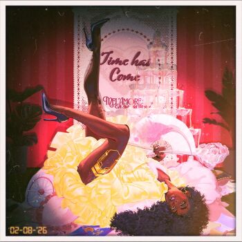 Rule 34 | 1girl, alternate costume, alternate hairstyle, artist request, blurry, collarbone, commentary, dark-skinned female, dark skin, dated, depth of field, dress, earrings, english commentary, english text, fern, flower, frilled dress, frills, full body, glitter makeup, hair ornament, hair up, hand fan, high heels, highres, holding, indoors, jewelry, knee up, league of legends, leg up, long hair, long sleeves, looking at viewer, lying, mel (league of legends), on back, pajamas, parted lips, pink flower, pink rose, plant, red lips, rose, second-party source, shade, shadow, solo, spotlight, upside-down, very dark skin, yellow dress, yellow eyes