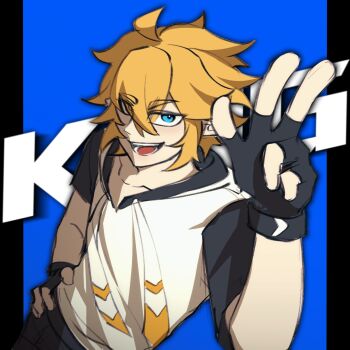 Rule 34 | 1boy, ahoge, aotu world, aslet, black background, black gloves, black shorts, blonde hair, blue background, blue eyes, character name, chinese commentary, collarbone, commentary request, drawstring, english text, eyes visible through hair, fingerless gloves, gloves, hair between eyes, hand on own hip, highres, hood, hood down, hoodie, king (aotu world), looking at viewer, male focus, multicolored hoodie, one eye closed, open mouth, pointy ears, short hair, short sleeves, shorts, simple background, smile, solo, teeth, upper body, w, white hoodie