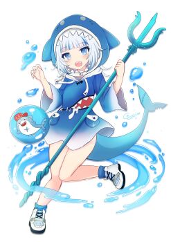 1girl :d animal_hood bloop_(gawr_gura) blue_eyes blue_hair blue_hoodie blue_socks commentary_request drawstring gawr_gura gawr_gura_(1st_costume) grey_hair hands_up highres holding holding_polearm holding_weapon hololive hololive_english hood hood_up hoodie knees_together_feet_apart long_sleeves multicolored_hair open_mouth polearm shark_hood sharp_teeth shoes signature simple_background smile socks solo_focus streaked_hair teeth terimuku trident virtual_youtuber water weapon white_background white_shoes wide_sleeves