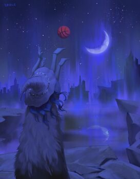 1girl 28idle absurdres ball basketball_(object) blue_hair cape crescent_moon elden_ring fur_cape hat highres lake long_hair moon night outdoors ranni_the_witch raya_lucaria_academy reflection signature throwing witch_hat