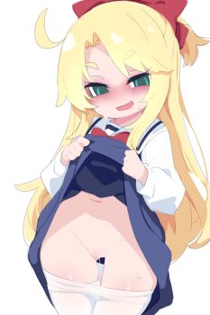 blonde_hair blue_dress bow clothes_lift clothes_pull dress dress_lift green_eyes hair_bow highres himesaka_noa kukuchi581 loli long_hair long_sleeves navel no_panties pantyhose pantyhose_pull pull pussy pussy_juice red_bow sailor_collar sailor_dress skirt skirt_lift thick_eyebrows very_long_hair watashi_ni_tenshi_ga_maiorita! white_pantyhose white_sailor_collar