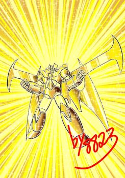 clenched_hands full_body get3288 glowing glowing_eyes grendizer_u horns mazinger_(series) mazinger_x mecha mecha_focus mechanical_wings no_humans pilder robot science_fiction signature solo standing super_robot ufo_robo_grendizer wings yellow_eyes