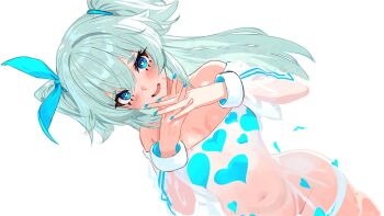 1girl blue_bow blue_eyes blue_hair blue_nails blush bow commentary florence_(girls&#039;_frontline_2) girls&#039;_frontline girls&#039;_frontline_2:_exilium hair_bow heart heart-shaped_pupils heart_print highres long_hair looking_at_viewer official_alternate_costume open_mouth own_hands_together pa-15_(girls&#039;_frontline) pa-15_(marvelous_yam_pastry)_(girls&#039;_frontline) plunplun see-through_sweater simple_background smile solo symbol-shaped_pupils two_side_up white_background