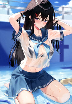 1girl absurdres artist_name barefoot black_bra black_hair blue_eyes blue_neckerchief blue_sailor_collar blue_skirt blush bra bra_visible_through_clothes breasts broom closed_mouth collarbone day dengeki_moeoh double-parted_bangs hair_between_eyes hair_ornament hairclip hands_in_own_hair highres hose lens_flare long_hair looking_at_viewer magazine_scan medium_breasts midriff miniskirt navel neckerchief on_floor original page_number pleated_skirt pool sailor_collar scan school_uniform see-through_cleavage see-through_clothes see-through_shirt seiza serafuku shiny_skin shirt short_sleeves sidelocks sitting skirt solo straight_hair sunlight telu_(teluscarlet) third-party_source underwear water wet wet_clothes wet_hair wet_shirt white_shirt