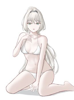 1girl absurdres an-94_(girls&#039;_frontline) an-94_(mod3)_(girls&#039;_frontline) bikini black_hairband blonde_hair blue_eyes breasts chestnut_mouth girls&#039;_frontline hairband highres kneeling long_hair looking_at_viewer navel sidelocks small_breasts solo swimsuit very_long_hair white_bikini woon