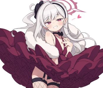 1girl black_bow black_choker black_garter_straps black_hairband black_panties black_thighhighs blue_archive blush bow bow_choker breasts choker dress earrings fishnet_pantyhose fishnet_thighhighs fishnets fur_shawl gamuo garter_straps grin hairband halo heart jewelry loli long_hair looking_at_viewer mutsuki_(blue_archive) mutsuki_(dress)_(blue_archive) official_alternate_costume one_side_up panties pantyhose parted_lips pearl_earrings pointy_ears purple_dress purple_eyes purple_halo shawl simple_background sleeveless sleeveless_dress small_breasts smile solo thighhighs underwear upskirt white_background white_hair