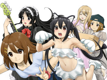 5girls akiyama_mio animal_ears animal_hands backwards_hat baseball_cap bass_guitar belt_pouch bikini black_dress black_eyes black_hair blonde_hair bow bowtie brown_eyes brown_hair cat_ears cat_paws closed_eyes closed_mouth collarbone dress fake_animal_ears gloves green_hat grey_pants grey_shirt hair_between_eyes hat headdress hirasawa_yui ho-kago_tea_time holding holding_bass_guitar holding_instrument instrument k-on! kotobuki_tsumugi long_hair multiple_girls nakano_azusa navel open_mouth pants paw_gloves pink_dress pouch puffy_short_sleeves puffy_sleeves red_bow red_bowtie red_scrunchie scrunchie shirt short_hair short_sleeves simple_background smile stomach striped_clothes striped_shirt swimsuit t-shirt tainaka_ritsu teeth thick_eyebrows tk_(takotsuboya) tongue vertical-striped_clothes vertical-striped_shirt w white_background white_bikini white_shirt
