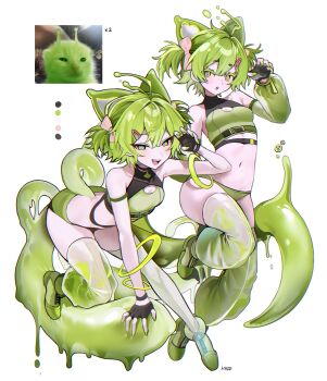 2girls absurdres black_gloves bow bowtie breasts cat cleavage cleavage_cutout clothing_cutout color_guide fingerless_gloves glorp gloves green_hair hair_bow hair_ornament hairclip haze_(7h4ze) highres meme multiple_girls original personification photo_inset reference_inset short_hair slime_(substance) small_breasts tagme thighhighs