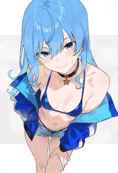 1girl absurdres alternate_costume bikini bikini_bottom_under_shorts bikini_under_clothes black_choker blue_bikini blue_eyes blue_hair blue_jacket blue_shorts bluefield breasts choker cleavage closed_mouth commentary denim denim_shorts double-parted_bangs grey_background hair_between_eyes halterneck highres hololive hoshimachi_suisei jacket leaning_forward long_hair long_sleeves looking_at_viewer navel off_shoulder open_clothes open_fly open_jacket short_shorts shorts sidelocks simple_background small_breasts solo star_(symbol) star_in_eye stomach swimsuit symbol_in_eye virtual_youtuber white_background