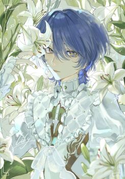 1boy absurdres bishounen blue_hair blurry closed_mouth collared_shirt depth_of_field expressionless fingerless_gloves flower frilled_sleeves frills gloves hair_between_eyes highres koyanagi_rou lily_(flower) long_sleeves looking_at_viewer male_focus nail_polish nijisanji ppa_me shirt short_hair solo upper_body virtual_youtuber white_gloves white_lily white_shirt yellow_eyes yellow_nails