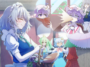 6+girls absurdres apron ascot basket blank_eyes blue_bow blue_dress blue_vest blush book bow bowtie braid bread building cirno closed_eyes collared_shirt commentary_request covering_own_mouth crescent crescent_hat_ornament cup curtains daiyousei dead_animal disembodied_eye dress eyeball fairy fairy_wings fish foliage food frilled_shirt_collar frills green_ascot green_bow green_hair grey_hair grin hair_bow hair_ribbon hand_over_own_mouth hat hat_ornament hat_ribbon highres holding holding_basket holding_book holding_cup holding_umbrella image_in_thought_bubble izayoi_sakuya kazami_yuuka long_hair maid_apron maid_headdress medium_hair mob_cap multiple_girls neckerchief open_book open_mouth outdoors parasol patchouli_knowledge pink_hat pink_shirt plant pointy_ears poison puffy_short_sleeves puffy_sleeves purple_eyes purple_hair purple_nails red_bow red_bowtie red_ribbon red_skirt red_vest remilia_scarlet ribbon shirt short_hair short_sleeves side_ponytail sideways_glance skirt skull smile spit_take spitting super_mushroom sweatdrop tea teacup tenx2_1341 touhou twin_braids umbrella vest white_shirt wings yellow_neckerchief yellow_ribbon