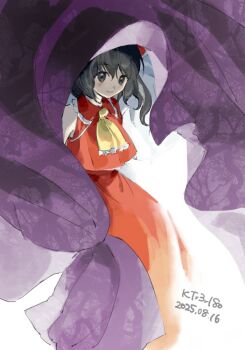 1girl ascot black_eyes black_hair closed_mouth collared_shirt curtains dated frilled_shirt_collar frills hakurei_reimu kaigen_1025 long_hair looking_at_viewer red_shirt red_skirt shirt skirt sleeveless sleeveless_shirt smile solo touhou yellow_ascot